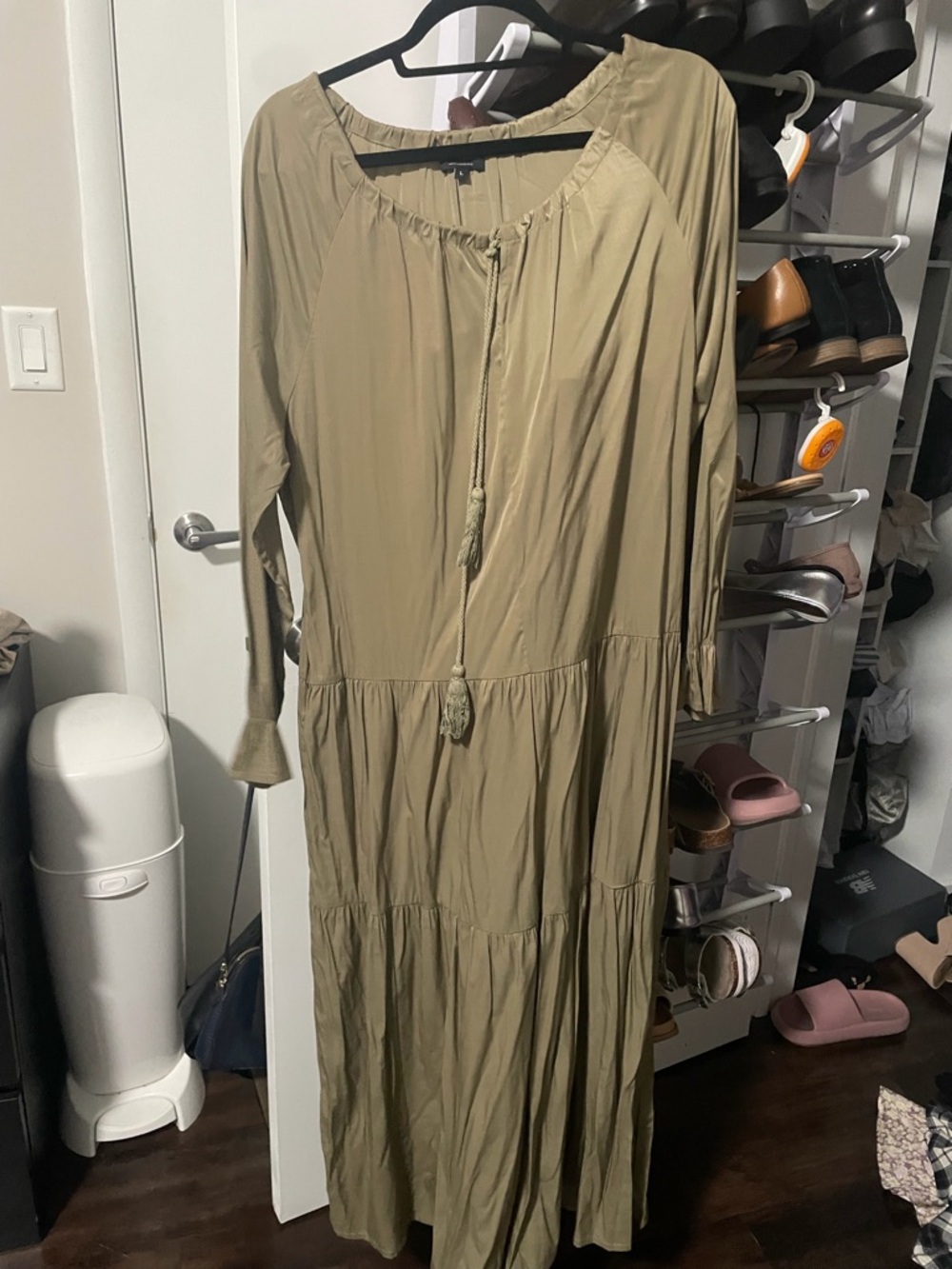 Tiered Maxi Dress with Tassel Tie in Olive Green